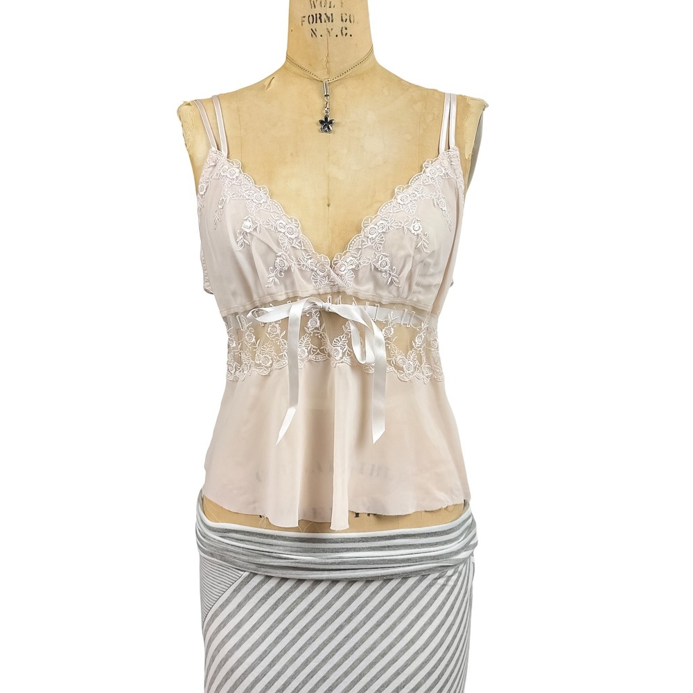 Y2K Coquette Pastel Lace Cami Ribbon Bow Angelic Ethereal Dollette Sheer Small